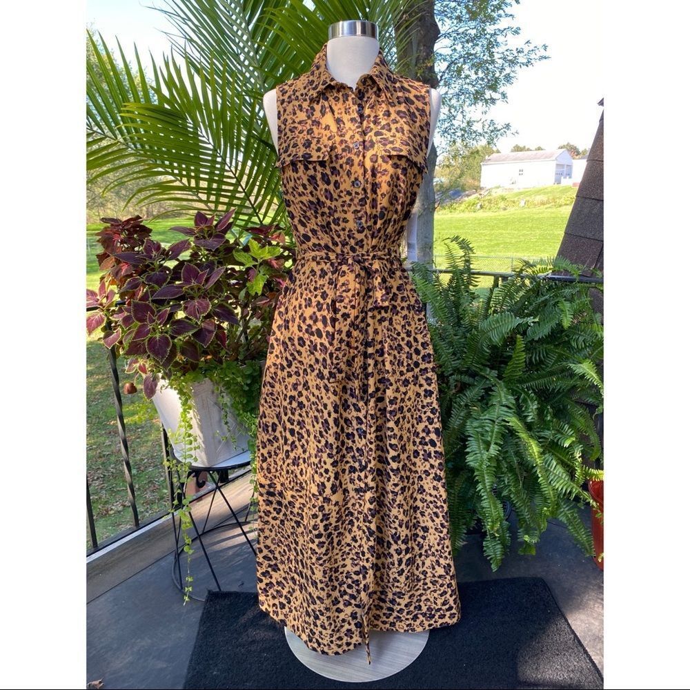Vintage Donna Morgan Sleeveless Leopard Print Shirt Dress in Tan and Black